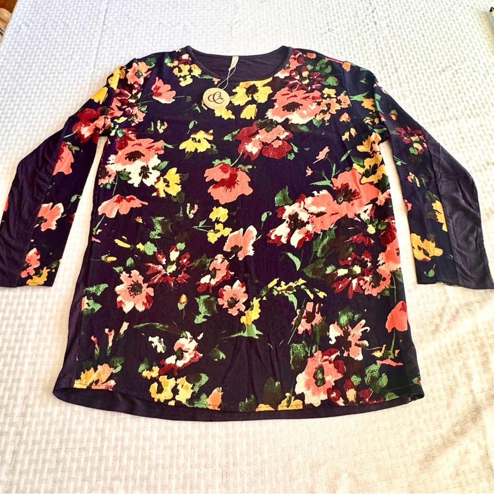 Mai Soli Made in USA Floral Long Sleeve Top Navy Blue Boho‎ Cottagecore Large